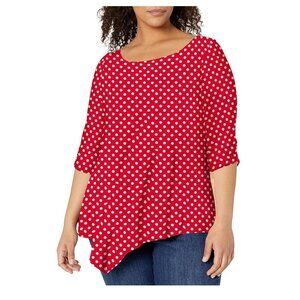 Star Vixen Red Polka Dot Hanky Hem Top, Elbow Cinch Sleeve, 3X